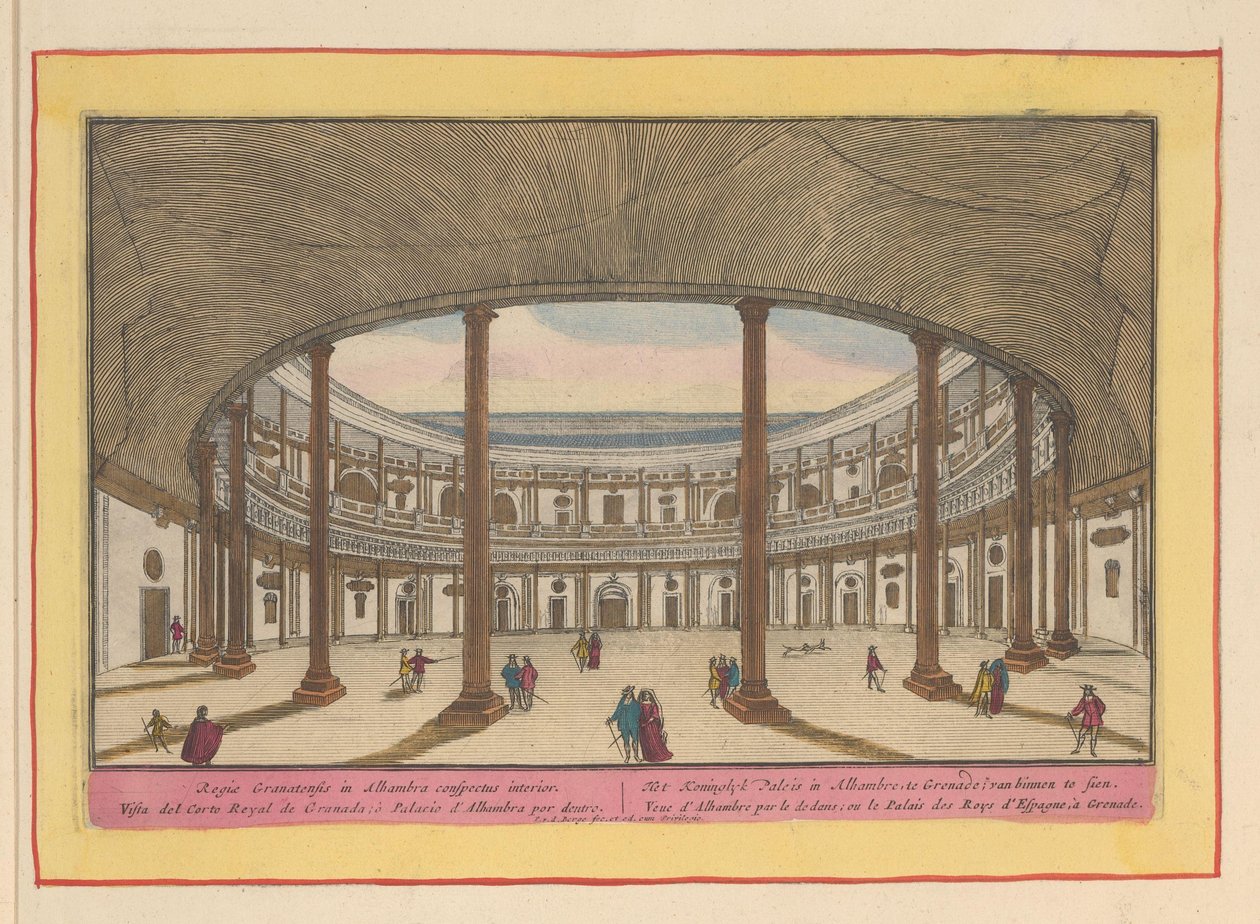 Pohled na nádvoří paláce Karla V. v Granadě Královský palác v Alhambre, Grenade; vidět zevnitř (název na předmětu) Theatrum Hispaniae (...) (název série) od Pieter van den Berge