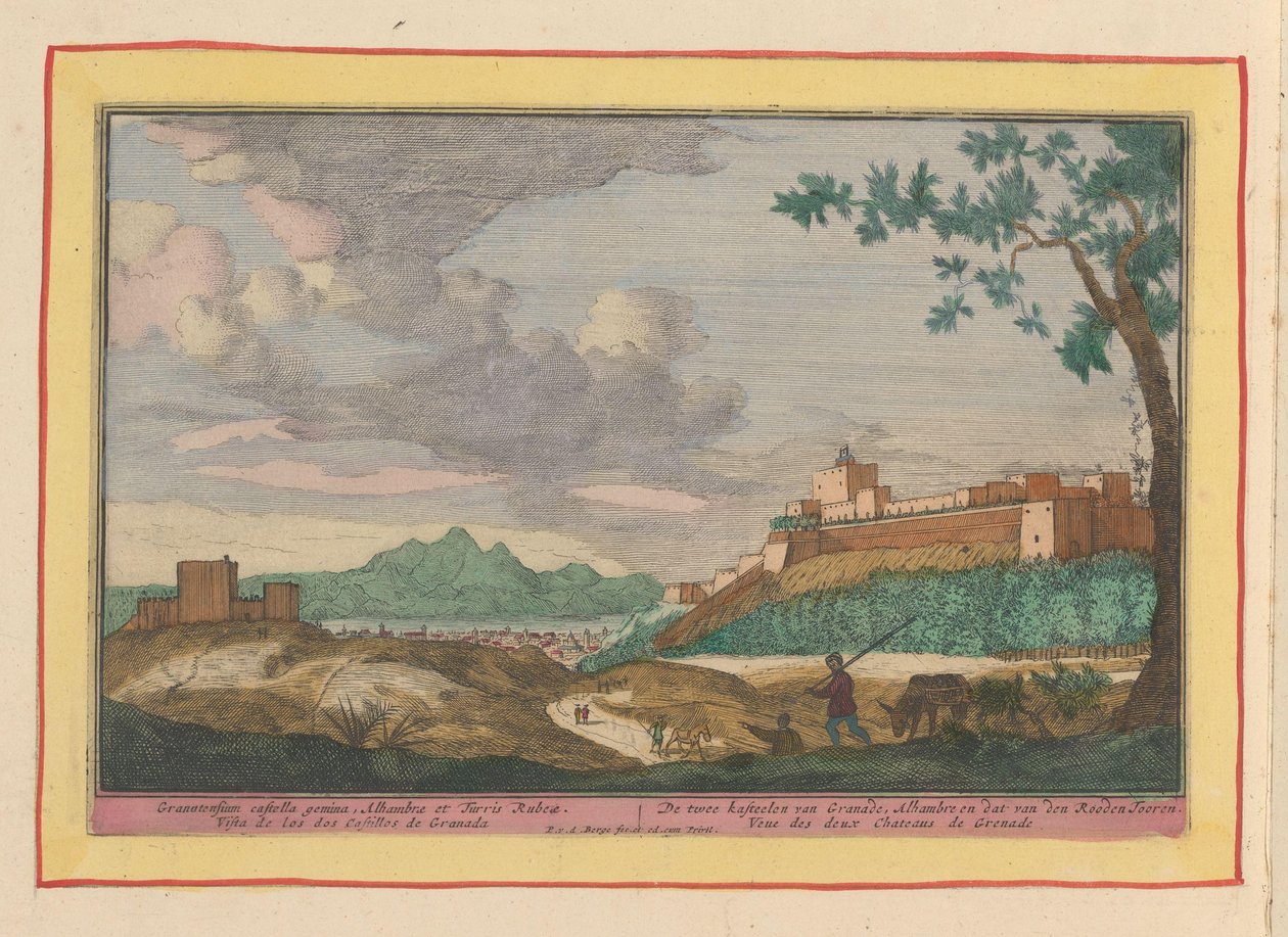 Pohled na budovy Alhambry v Granadě Dva hrady Granade, Alhambre a den Rooden Tooren (název na předmětu) Theatrum Hispaniae (...) (název série) od Pieter van den Berge