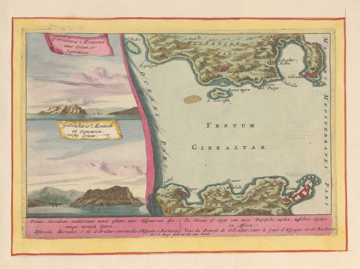 Pohled na Gibraltarskou skálu a mapa Gibraltarského průlivu Průliv, nebo průliv dvou Duytsche mylen, mezi Španělskem a Afrikou (...) (název na předmětu) Theatrum Hispaniae (...) (název série) od Pieter van den Berge