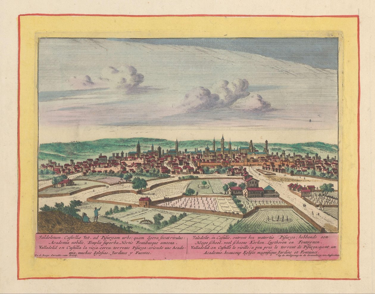 Pohled na město Valladolid Valedolit, v Kastilii, je z vody Pisurga; mít střední školu, mnoho krásných kostelů, Lusthoven a Fonteynen (název na objektu) Theatrum Hispaniae (...) (název série) od Pieter van den Berge