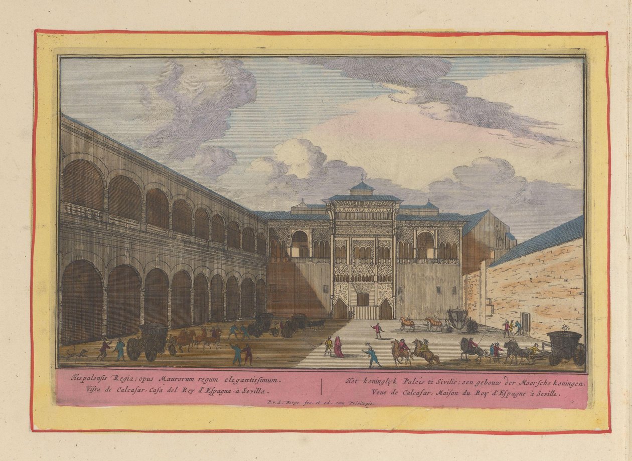 Pohled na nádvoří Real Alcázar de Sevilla Královský palác na Sicílii; budova maurských králů (titul na předmětu) Theatrum Hispaniae (...) (název série) od Pieter van den Berge