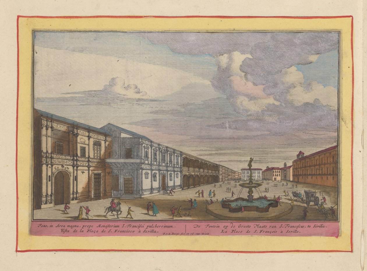Pohled na náměstí s fontánou v Seville Fontána na Velkém náměstí svatého Františka v Sivilii (název na objektu) Theatrum Hispaniae (...) (název série) od Pieter van den Berge