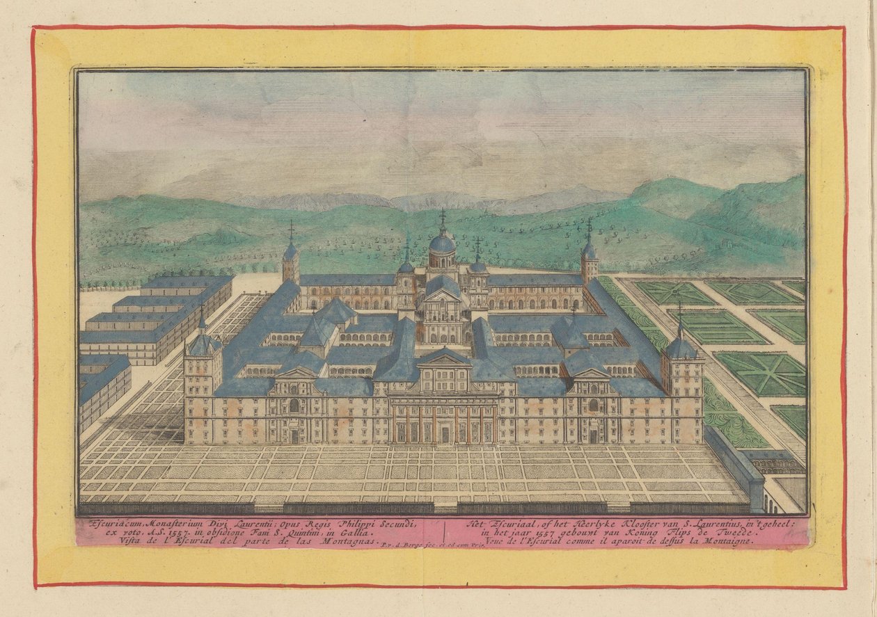 Pohled na Escorial z ptačí perspektivy Escuriaal neboli klášter Heerlyke of S. Laurentius jako celek: postaven v roce 1557 králem Filipem Druhým (název na předmětu) Theatrum Hispaniae (...) (název série) od Pieter van den Berge
