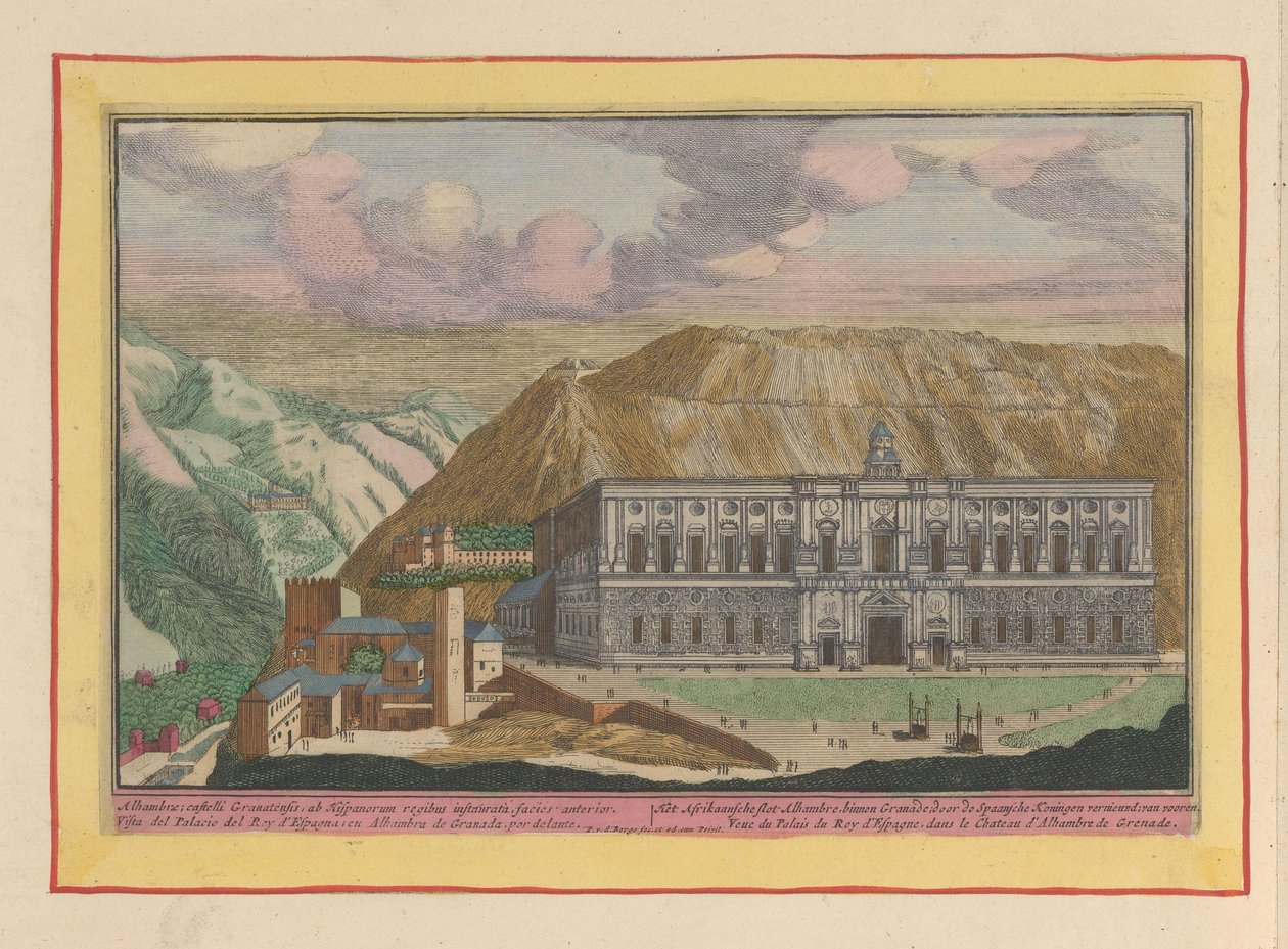 Pohled na palác Karla V. v Granadě Africký hrad Alhambre, v Granade; obnovený španělskými králi; van vooren (název na objektu) Theatrum Hispaniae (...) (název série) od Pieter van den Berge