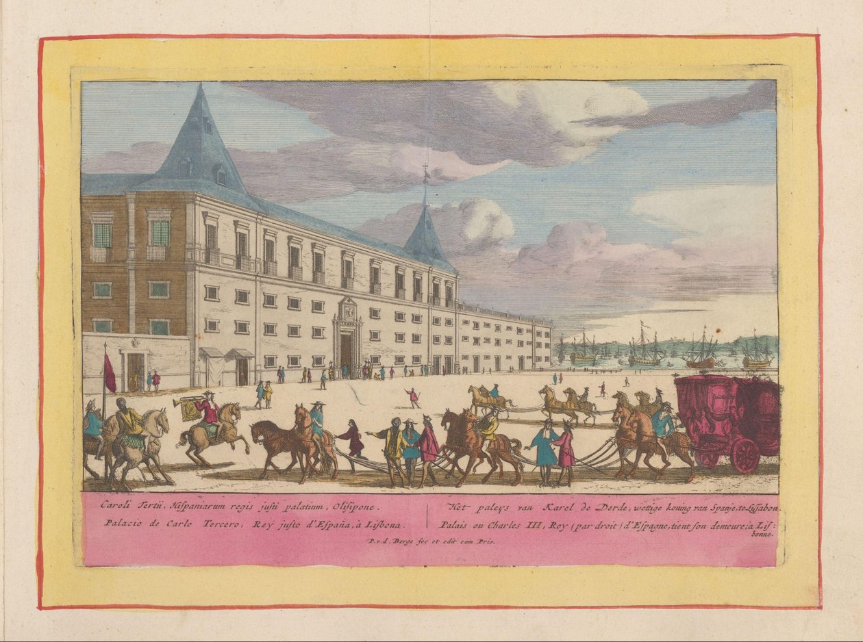 Pohled na palác Karla VI v Lisabonu Paláce Karla Třetího, legitimního krále Španělska, v Lisabonu (titul na předmětu) Theatrum Hispaniae (...) (název série) od Pieter van den Berge