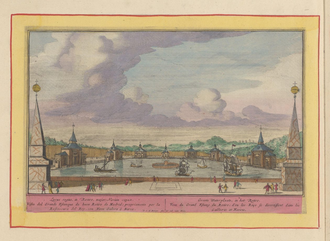 Velký rybník s loděmi v zahradách Palacio del Buen Retiro v Madridu Groote Waterplaats, v Retiro (název na objektu) Theatrum Hispaniae (...) (název série) od Pieter van den Berge