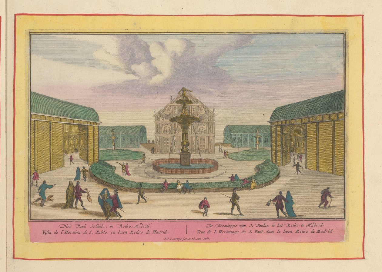 Kostel Pavla poustevníka v zahradách Palacio del Buen Retiro v Madridu Poustevna svatého Pavla v Retiro; v Madridu (název na objektu) Theatrum Hispaniae (...) (název série) od Pieter van den Berge