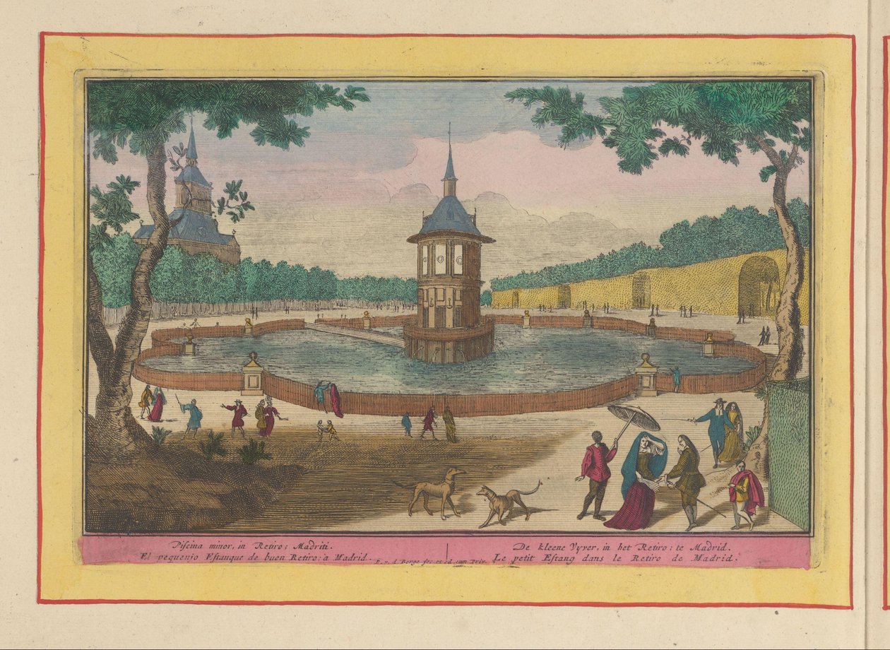 Malý rybník v zahradách Palacio del Buen Retiro v Madridu Kleene Vyver v Retiro; v Madridu (název na objektu) Theatrum Hispaniae (...) (název série) od Pieter van den Berge