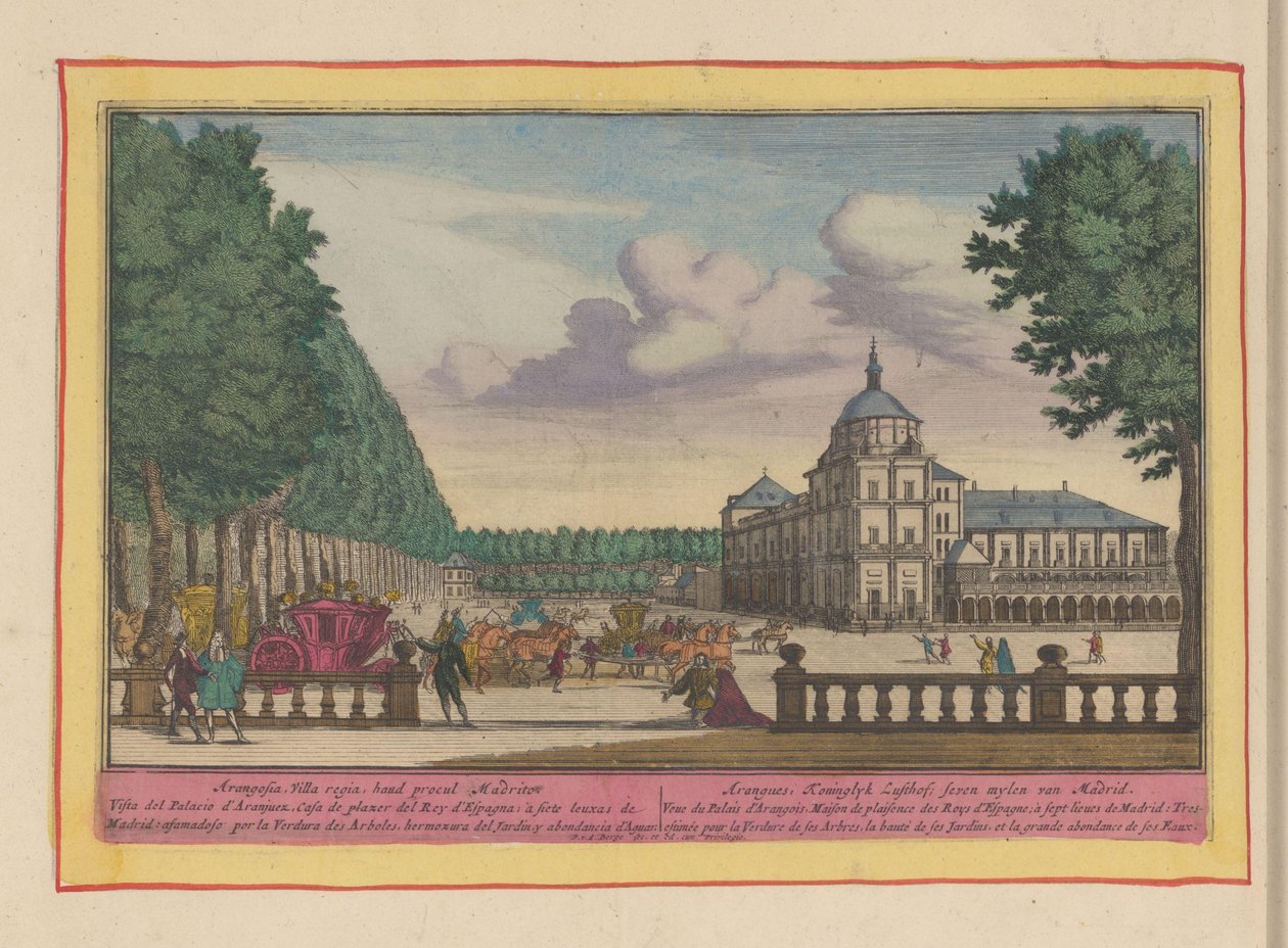 Královský palác Aranjuez Aranguez, Koninklyk Lusthof, sedm mil od Madridu (název na objektu) Theatrum Hispaniae (...) (název série) od Pieter van den Berge