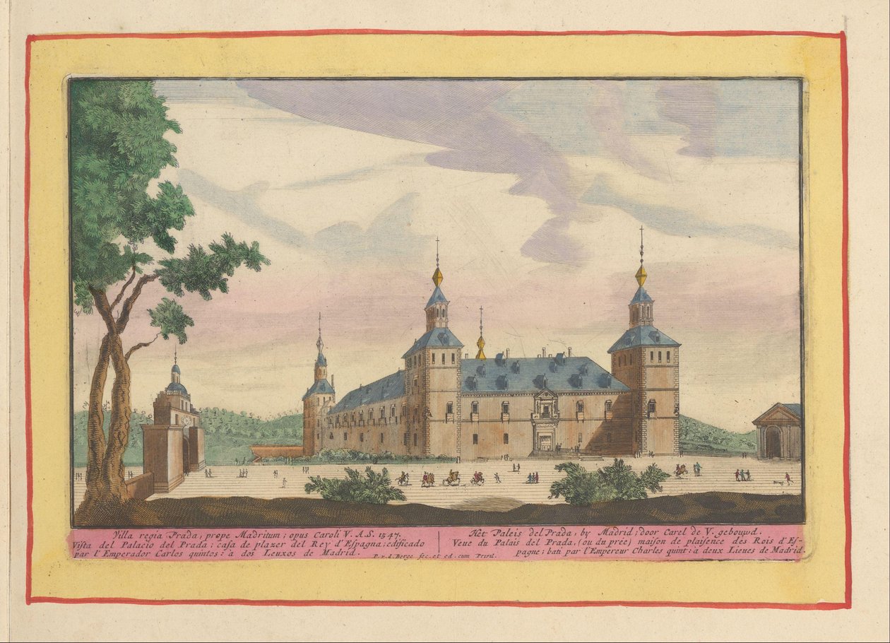 Královský palác El Pardo nedaleko Madridu Palác del Prada, Madrid, postavený Carel de V. (název na objektu) Theatrum Hispaniae (...) (název série) od Pieter van den Berge
