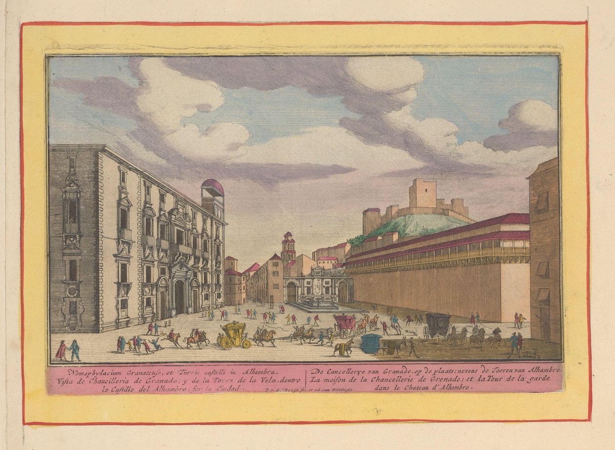 Royal Chancellery nebo Real Chancillería v Granadě Cancellerye of Granade, na místě; vedle věže Alhambre (název na objektu) Theatrum Hispaniae (...) (název série) od Pieter van den Berge