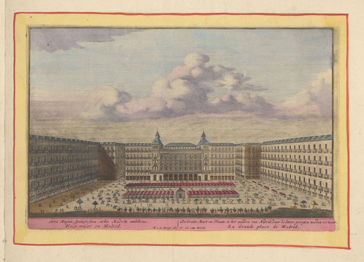 Plaza Mayor v Madridu The Great Mart and Place, v centru Madridu, kde jsou zobrazeny bitvy býků (název na objektu) Theatrum Hispaniae (...) (název série) od Pieter van den Berge