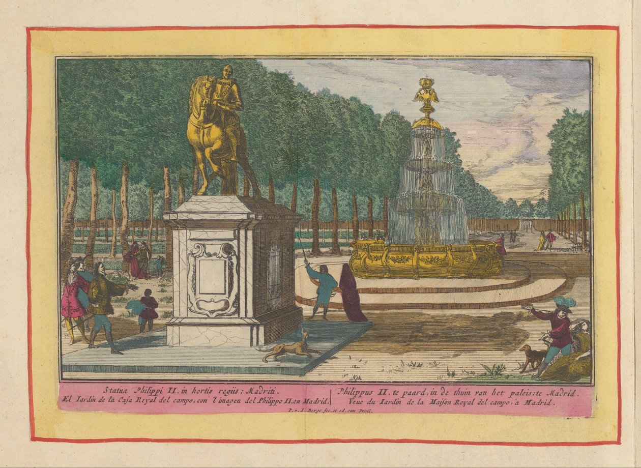 Jezdecká socha Filipa II v palácové zahradě v Madridu Filip II na koni, v zahradě paláce v Madridu (název na objektu) Theatrum Hispaniae (...) (název série) od Pieter van den Berge