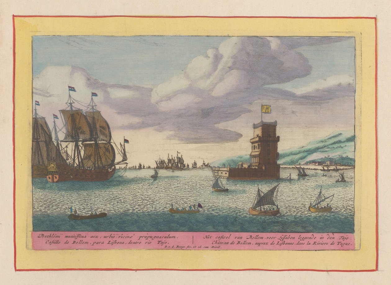 Věž Belém se nachází v řece Tagus Hrad Bellem, ležící před Lisabonem v Tajo (název na objektu) Theatrum Hispaniae (...) (název série) od Pieter van den Berge