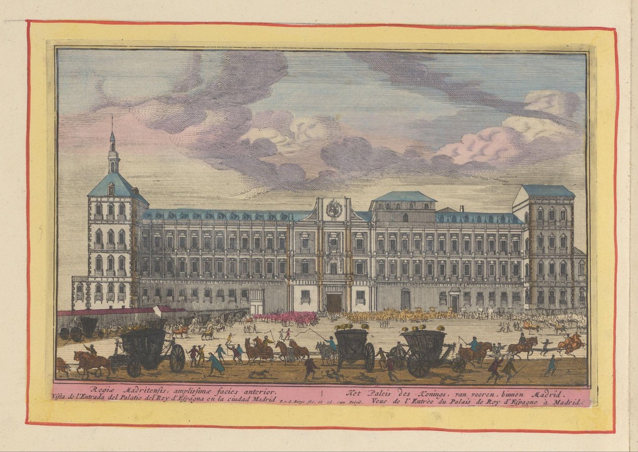 Čelní pohled na královský palác v Madridu Královský palác, zepředu, uvnitř Madridu (název na objektu) Theatrum Hispaniae (...) (název série) od Pieter van den Berge