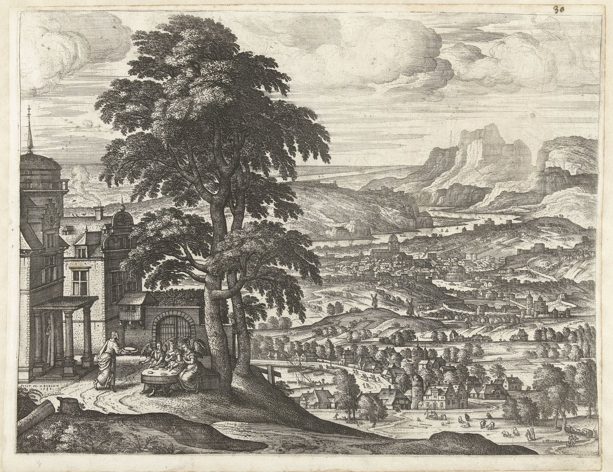 Abraham krmí tři anděly Krajiny s příběhem Abrahama (název série) od Pieter van der Borcht (I)