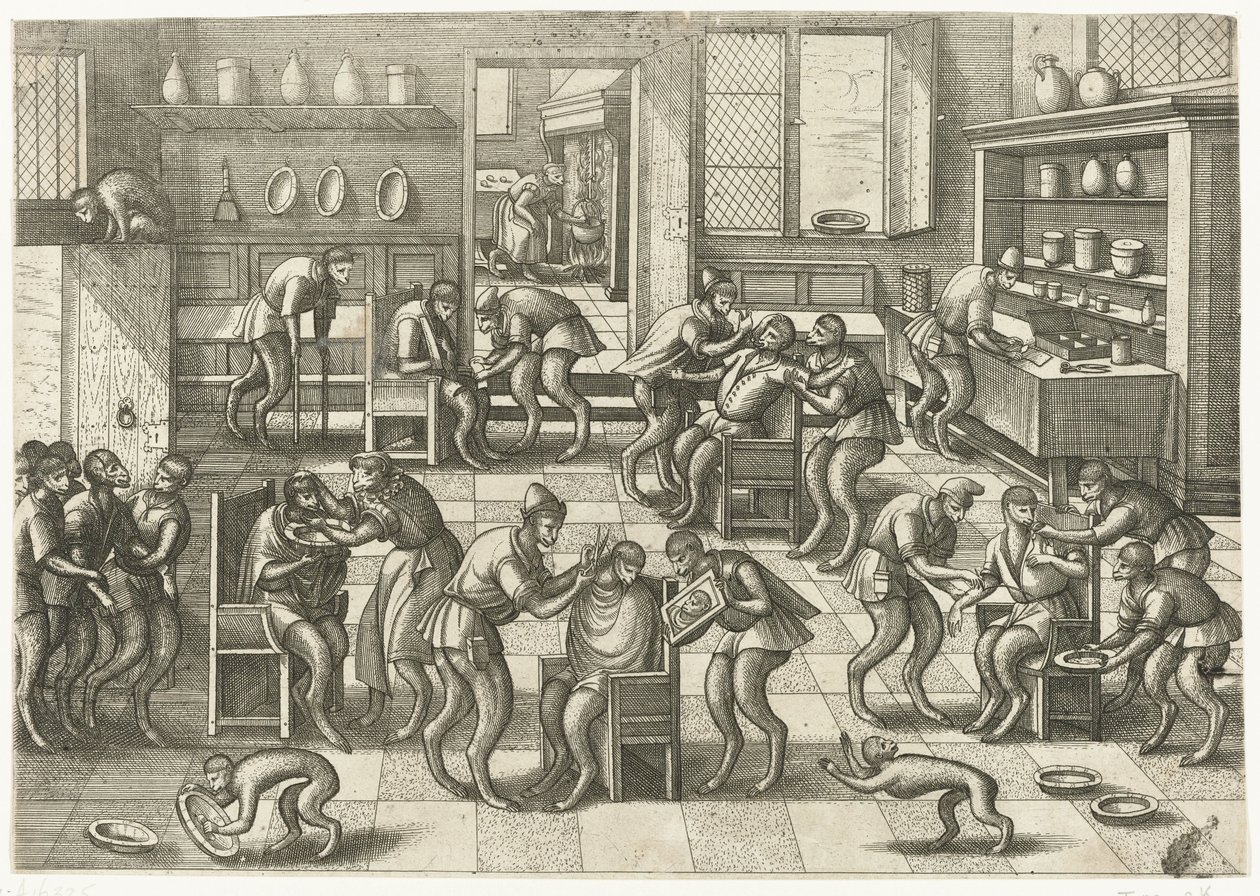 Prodejna holičů a chirurgů Monkey game (název série) od Pieter van der Borcht (I)