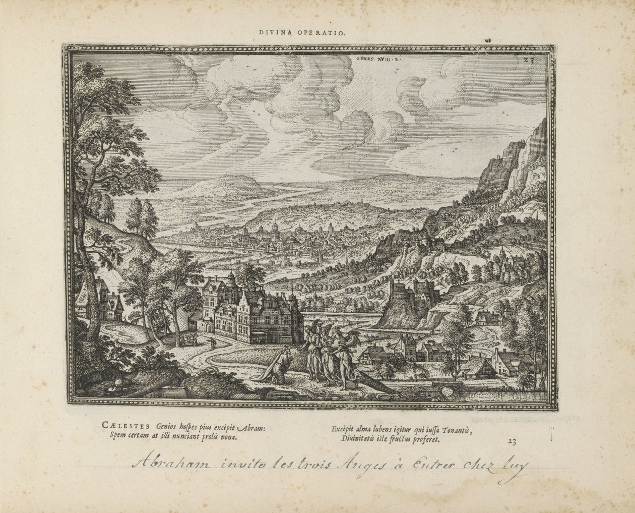 Landschap se setkal s Abrahamem en de drie engelen Božská operace (název na objektu) Posvátné emblémy a hlavní historie obou zákonů (Oude Testament) (název série) Obrázky a figurky knih (název série) od Pieter van der Borcht (I)
