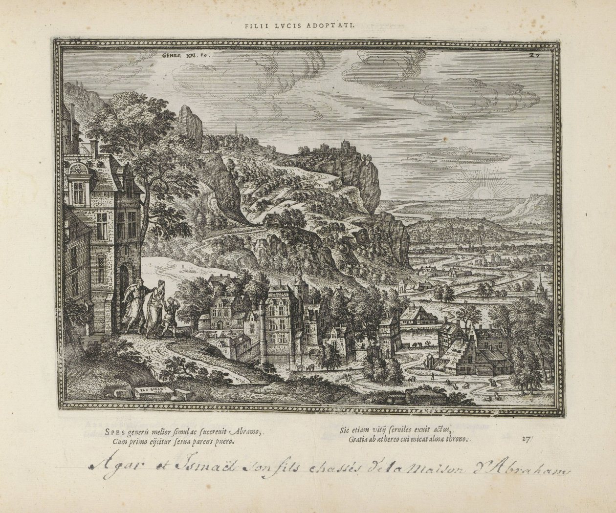 Landschap met de verdrijving van Hagar en Ismaël door Abraham Adoptovaní synové lucusa (titul na předmětu) Posvátné emblémy a hlavní historie obou zákonů (Oude Testament) (název série) Obrázky a figurky knih (název série) od Pieter van der Borcht (I)