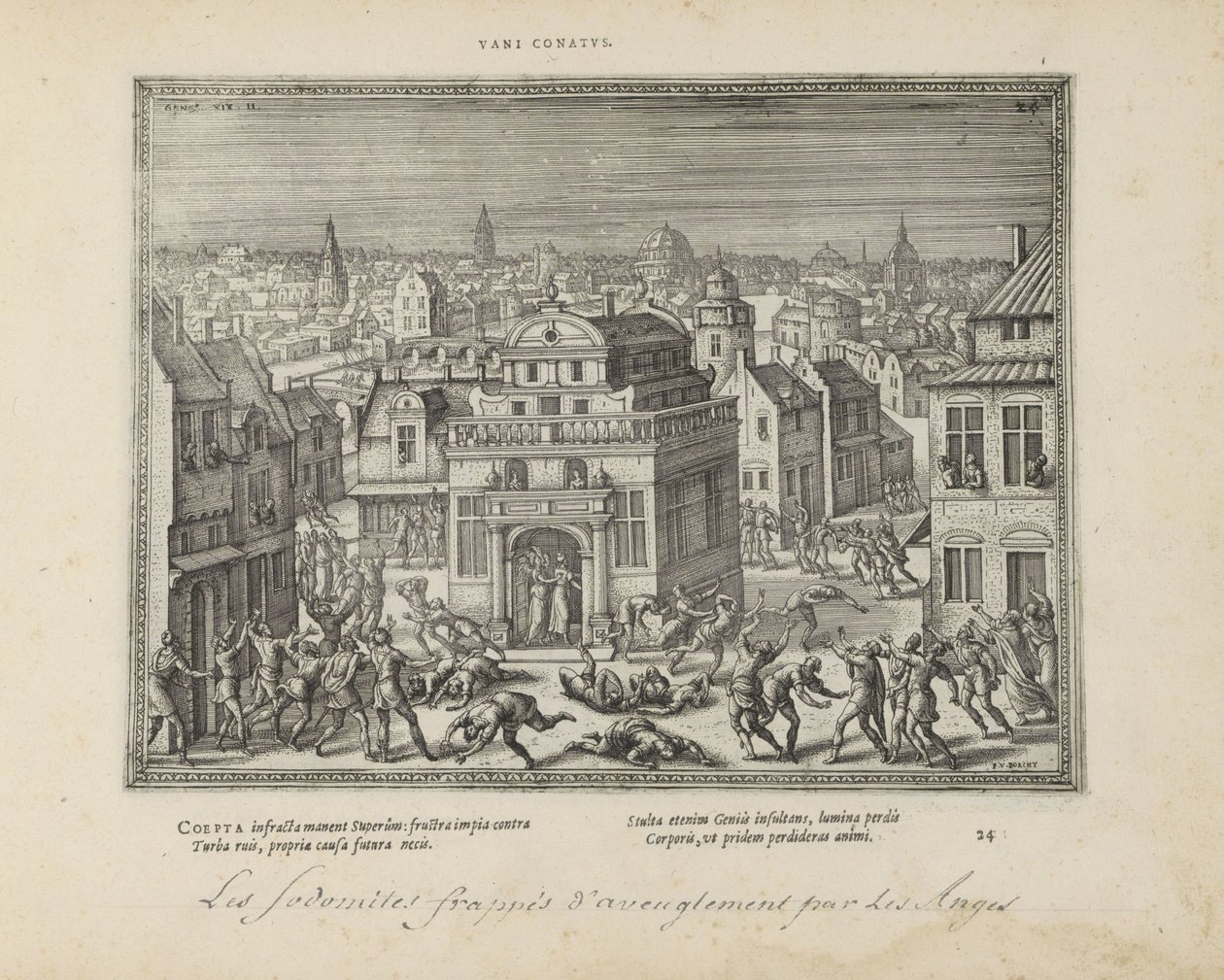 Mannen van Sodom se setkal se slepotou slagen (název na objektu) Posvátné emblémy a hlavní historie obou zákonů (Oude Testament) (název série) Obrázky a figurky knih (název série) od Pieter van der Borcht (I)