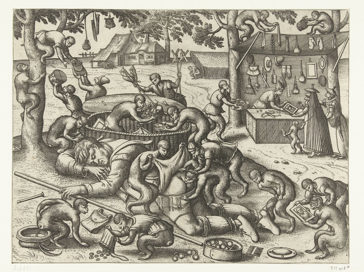 Spící kramář okraden opicemi Monkey game (název série) od Pieter van der Borcht (I)