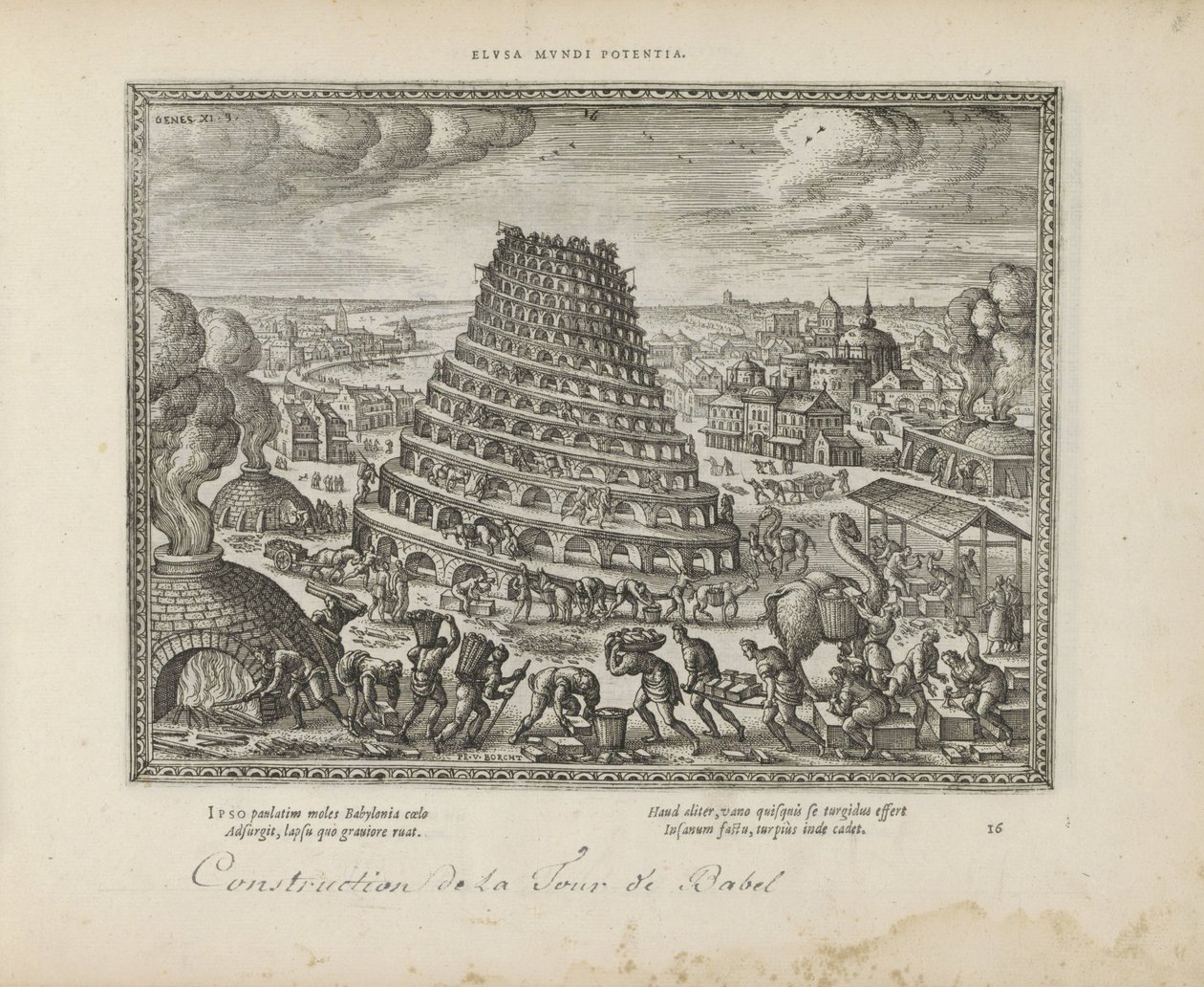 Toren van Babel Elusa mundi potenia (název na objektu) Posvátné emblémy a hlavní historie obou zákonů (Oude Testament) (název série) Obrázky a figurky knih (název série) od Pieter van der Borcht (I)