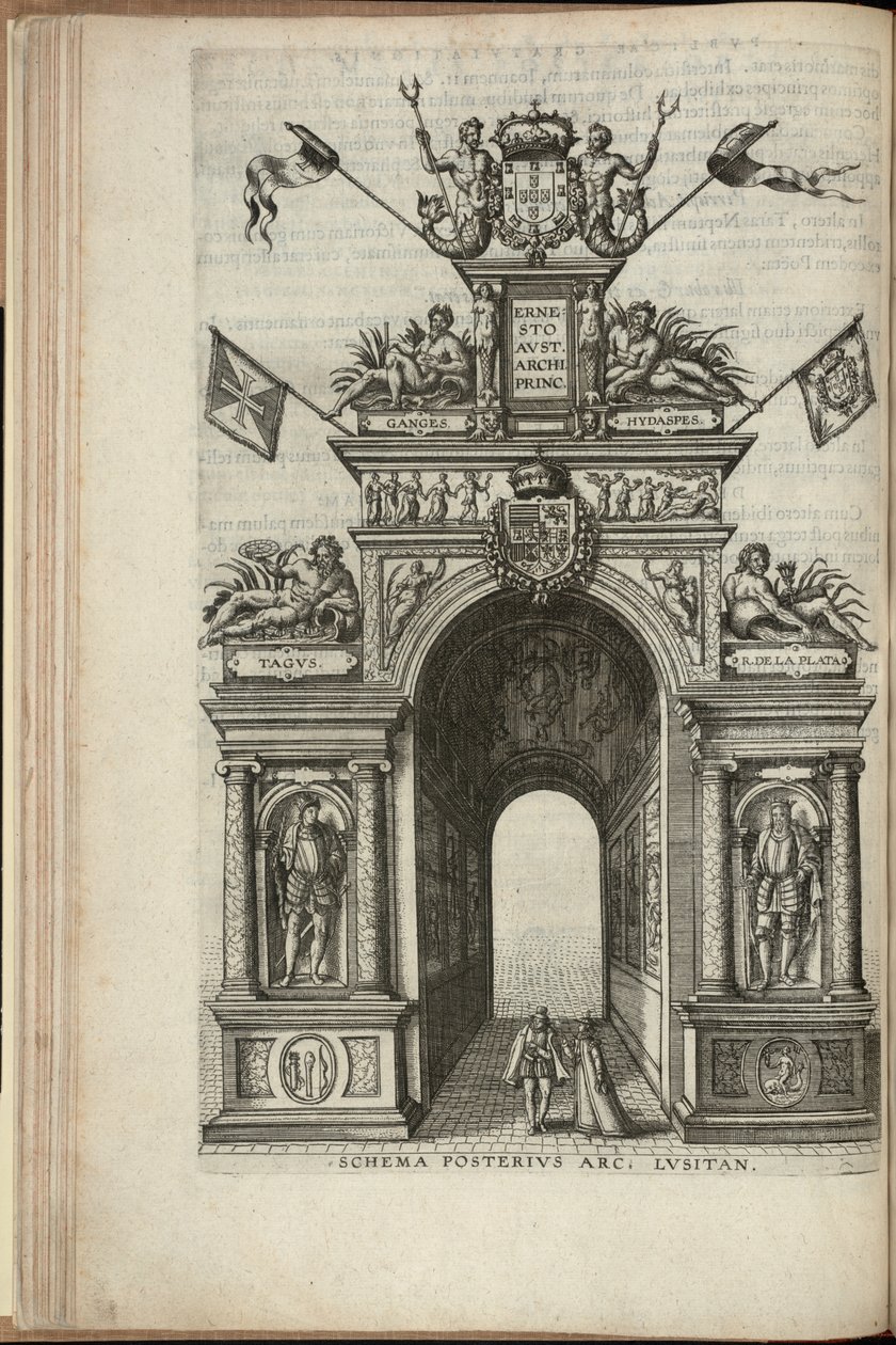 Řeky Tagus, Plata, Ganga a Hydaspes. Zadní strana portugalského vítězného oblouku, vjezd Ernsta, arcivévody rakouského, do Antverp, vydáno 1595 (rytina) od Pieter van der Borcht