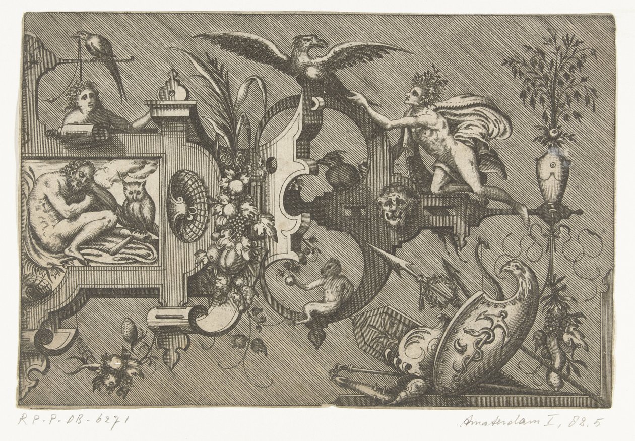 Pravá polovina velké kartuše zobrazující Noc Compertimenta pictoriis flosculis manubiisque… (název série) od Pieter van der Heyden