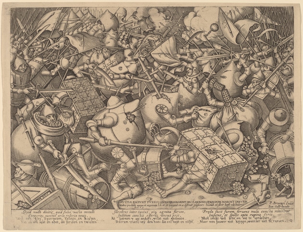 Bitva o měšce a trezory od Pieter van der Heyden after Pieter Bruegel the Elder
