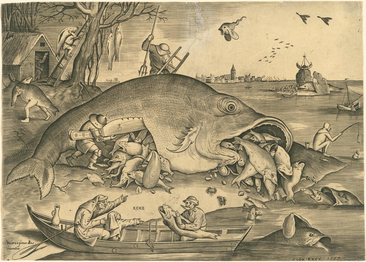 Velké ryby jedí malé ryby od Pieter van der Heyden after Pieter Bruegel the Elder