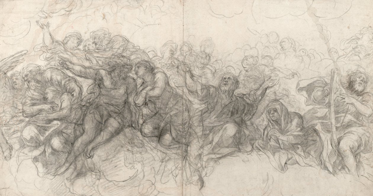 Abraham a Isaac, Adam a Eva, Noe a na pravém okraji David s harfou, 1647 od Pietro da Cortona