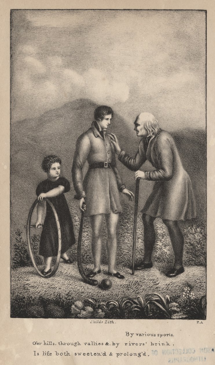 Různými sporty, přes kopce, údolími a řekami, je život oslazen i prodloužen, litho od C.G. děti od Pietro Ancora
