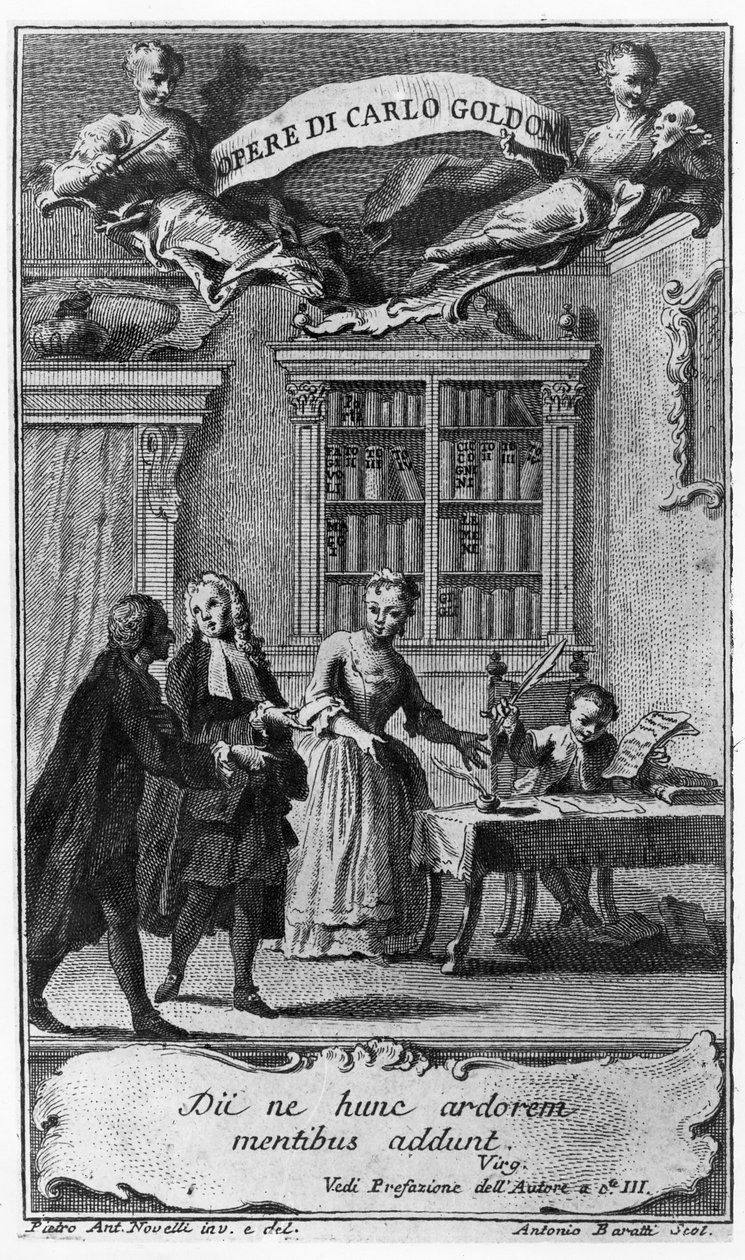 Carlo Goldoni, 8 let, píše svou první skladbu v přítomnosti své matky a opata z Bergamasca z „Opere di Carlo Goldoni“, vyryl Antonio Baratti, 1761 od Pietro Novelli