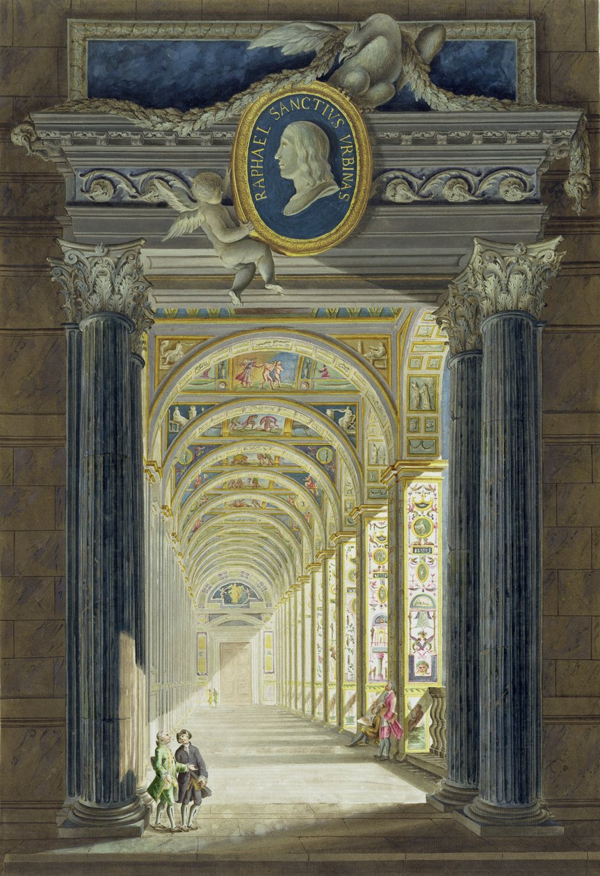 Frontispis s medailonovým portrétem Rafaela (1483-1520) z knihy Delle Loggie di Rafaele nel Vaticano, vyryl Giovanni Volpato (1735-1803), vydáno asi 1772-77 (ručně kolorovaná rytina). od Pietro Camporesi