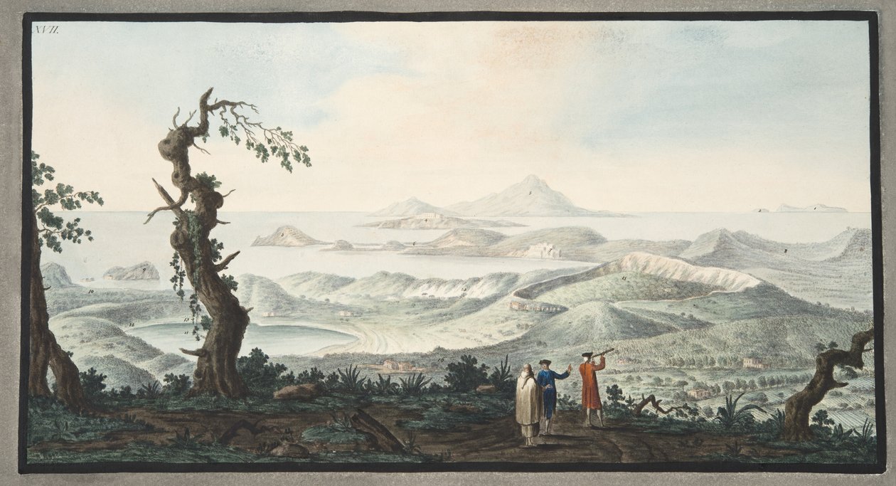 Pohled z ptačí perspektivy na klášter Camalpoli, deska XVII, z knihy "Campi Phlegraei: Sir William Hamilton (1730-1803), vydáno 1776 (rukopis), "Observations on Volcanoes of the Two Sicilies". od Pietro Fabris