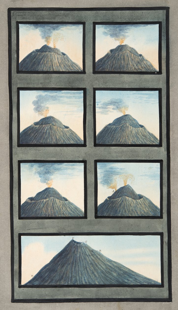 Erupce sopky Vesuv od 8. července do 29. října 1767, z „Campi Phlegraei: Pozorování sopek na dvou Sicílii“, od Sira Williama Hamiltona (1730-1803), vydáno 1776 (sl. od Pietro Fabris