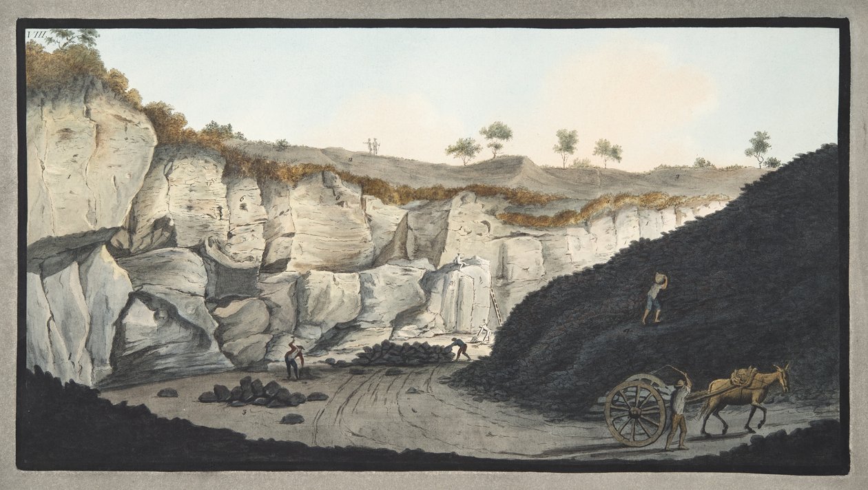 Vykopávky silné vrstvy lávy, která vtekla do moře během erupce Vesuvu v roce 1631, deska 8 z „Campi Phlegraei: Observatoins on the Volcanoes of the Two Sicilies“, od sira W. od Pietro Fabris