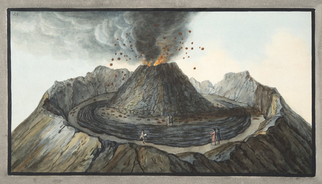 Interiér kužele Vesuvu Před erupcí v roce 1767, deska 9 z „Campi Flegrei: Pozorování sopek na dvou Sicílii“, od Sira Williama Hamiltona (1730–1803), vydáno 1776 (wc o od Pietro Fabris