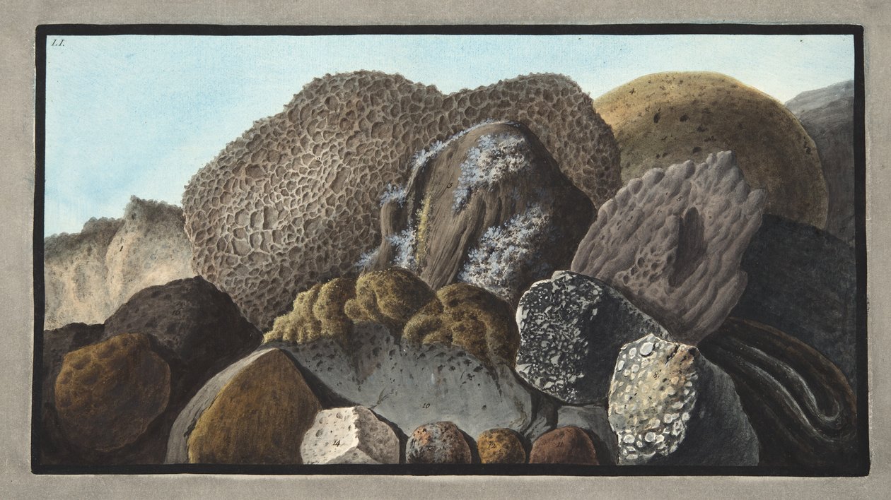 Lávové, Scoria a pemza z Vesuvu, deska LI, z „Campi Flegrei: Pozorování sopek na dvou Sicílii“, od Sira Williama Hamiltona (1730-1803), vydáno 1776 (ruční barva od Pietro Fabris