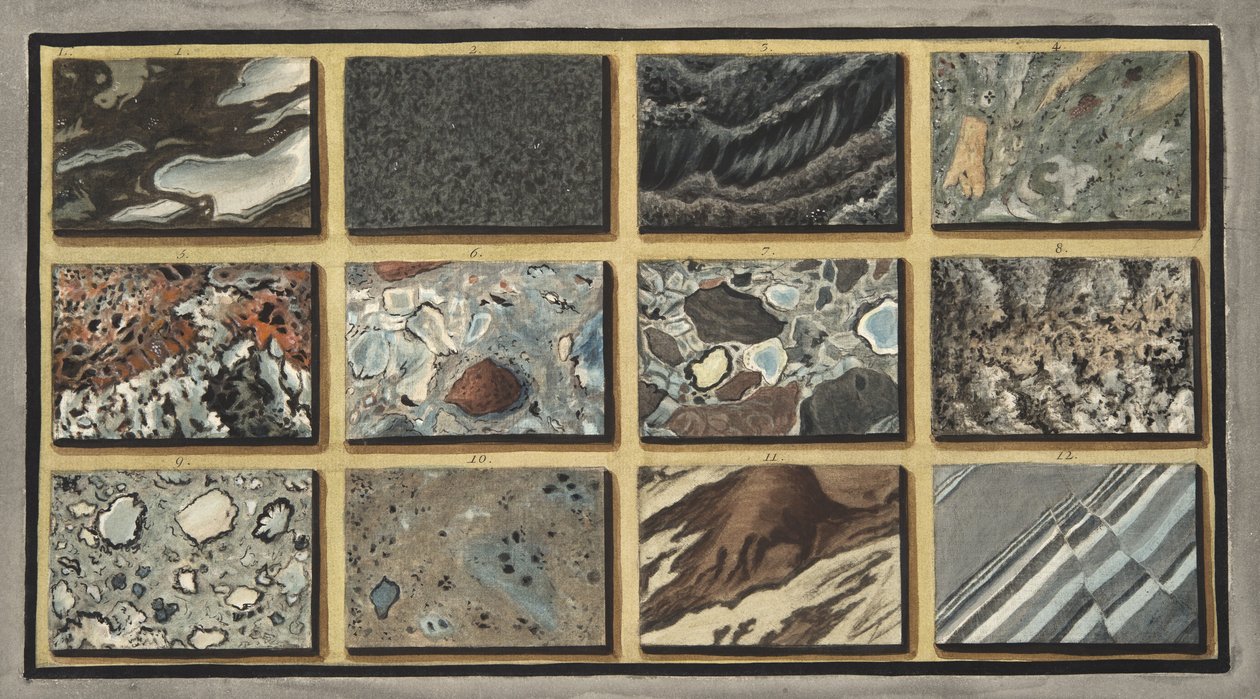 Mramor a další smíšené kameny Vesuvu leštěné, deska L, z „Campi Phlegraei: Observations on the Volcanoes of the Two Sicilies“, od Sira Williama Hamiltona (1730-1803), vydáno 1776 (ruční barva od Pietro Fabris