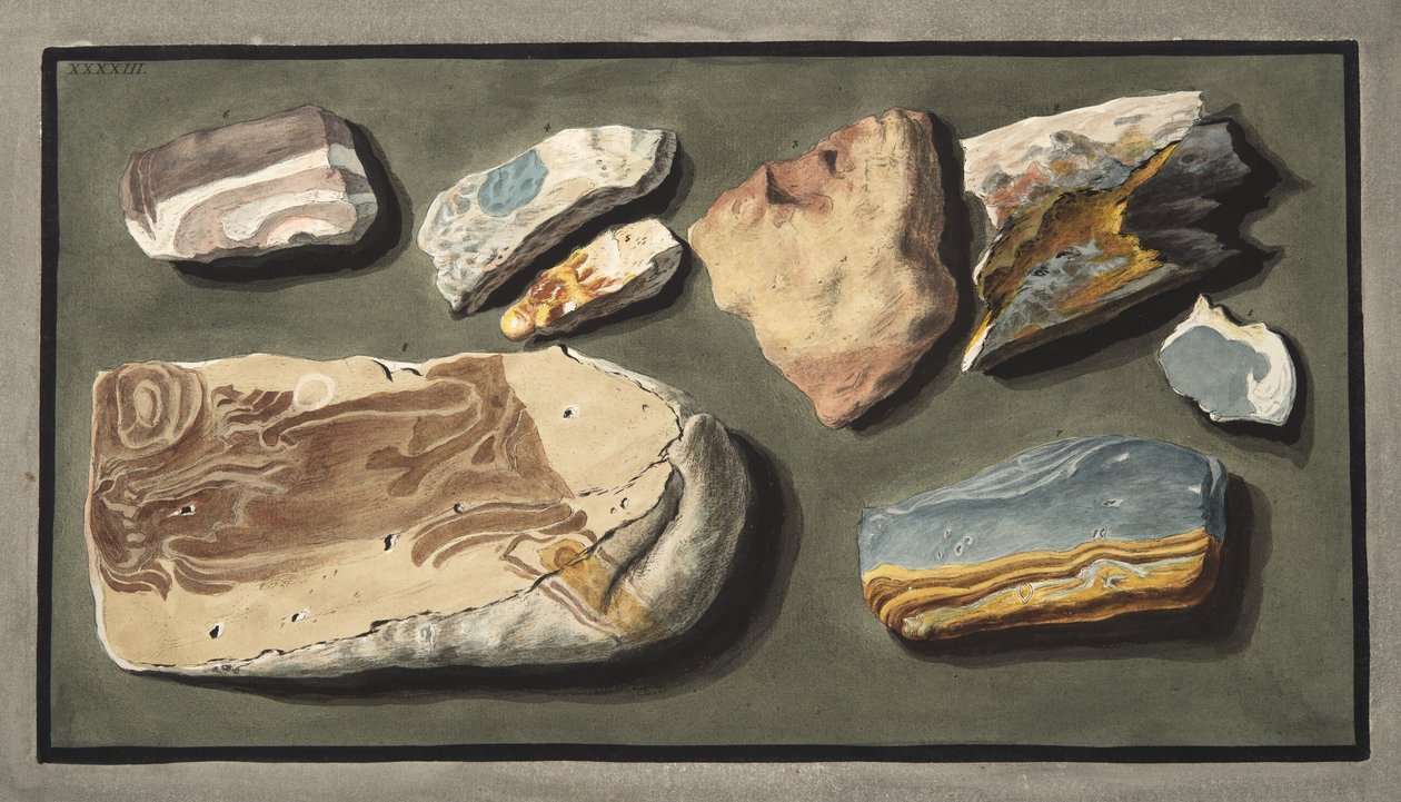 Vzorky zvláštní sopečné hmoty odebrané z duté cesty vedoucí z Pisciarelli do Solfaterry, deska XXXXIII, z "Campi Phlegraei: Clegrei Flegrei, z knihy "Observations on Volcanoes of the Two Sicilies", kterou napsal autor od Pietro Fabris