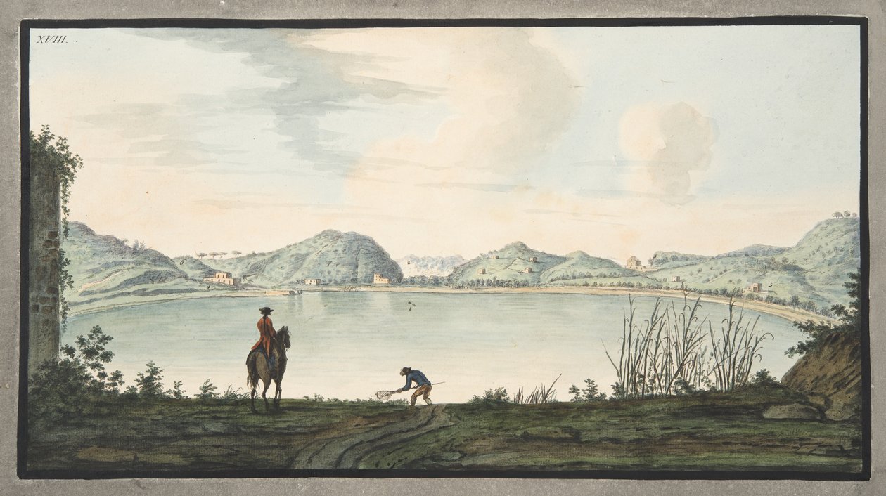 Jezero Agnano, evidentně kráter starověké sopky, deska XVIII, z „Campi Phlegraei: Pozorování sopek na dvou Sicílii“, od Sira Williama Hamiltona (1730-1803), vydáno 1. od Pietro Fabris