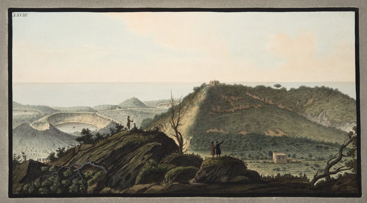 Pohled z vrcholu Monte Gauro nebo Barbaro do jeho kráteru, deska XXVIII, z "Campi Phlegraei": Sir William Hamilton (1730-1803), vydáno v roce 177 od Pietro Fabris