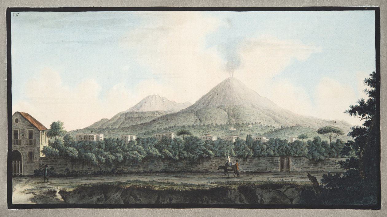 Pohled na Vesuv z mořského pobřeží, z „Campi Flegrei: Observations on the Volcanoes of the Two Sicilies“, od Sira Williama Hamiltona (1730-1803), vydáno 1776 (ručně kolorovaná rytina) od Pietro Fabris