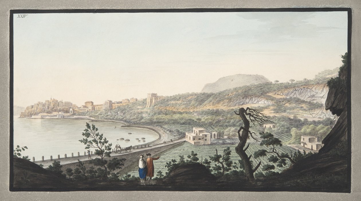 Pohled na Puzzoli pořízený z místa znázorněného na desce XIII, desce XXIV z „Campi Phlegraei: Pozorování sopek na dvou Sicílii“, od Sira Williama Hamiltona (1730-1803), vydaného 1776 od Pietro Fabris