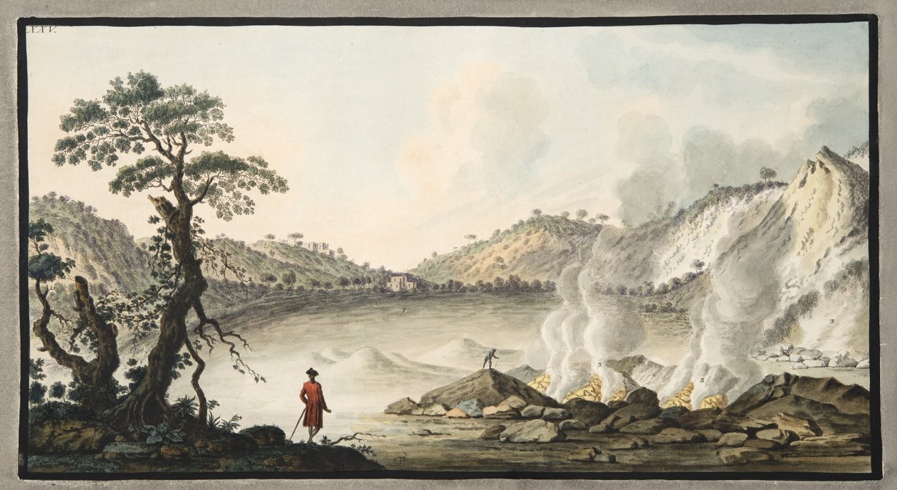 Pohled na Solfaterru, deska XXV, z „Campi Phlegraei: Observations on the Volcanoes of the Two Sicilies“, od Sira Williama Hamiltona (1730-1803), vydáno 1776 (ručně kolorovaná rytina) od Pietro Fabris