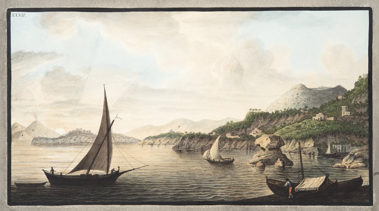 Pohled na část ostrova Ischia zvanou Lacco, deska XXXII, z „Campi Phlegraei: Pozorování sopek na dvou Sicílii“, od Sira Williama Hamiltona (1730-1803), vydáno 1776 (ruka c od Pietro Fabris