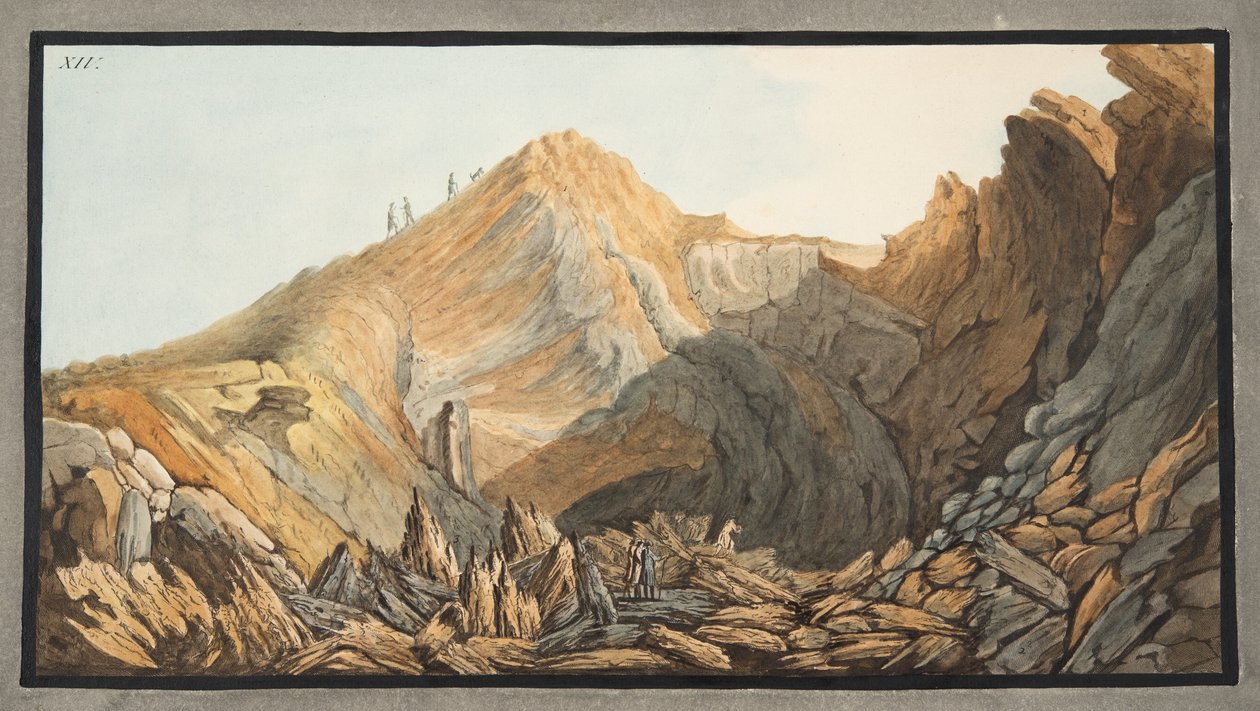 Pohled na kráter neboli vnitřek kuželu malé hory, Plate XIV, z „Campi Flegrei: Pozorování sopek na dvou Sicílii“, od Sira Williama Hamiltona (1730-1803), zveřejněno 1. od Pietro Fabris