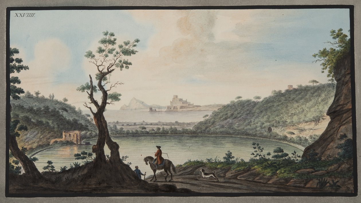 Pohled na jezero Avernus ze silnice mezi Puzzoli a Cuma, deska XXIX, z „Campi Phlegraei: Pozorování sopek na dvou Sicílii“, od Sira Williama Hamiltona (1730-1803), zveřejněno 1. od Pietro Fabris