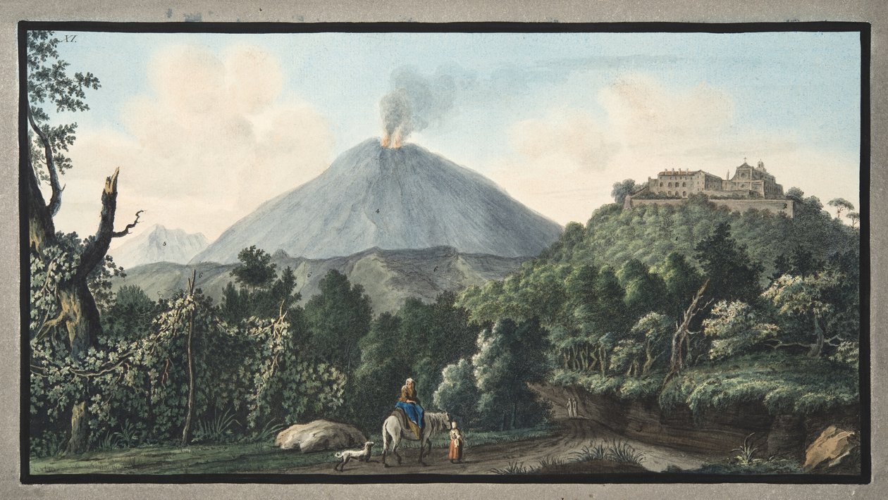 Pohled na Monte S. Angelo, na kterém se nachází klášter mnichů Camaldolefi, deska XI, z „Campi Phlegraei: Pozorování sopek na dvou Sicílii“, od Sira Williama Hamiltona (1730-1803), od Pietro Fabris
